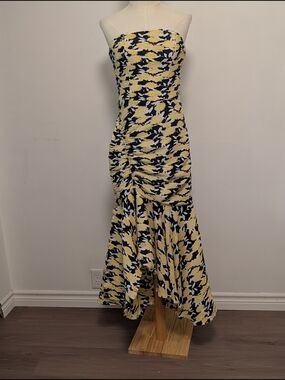 C/MEO Collective Strapless Yellow and Navy Floral Midi Dress